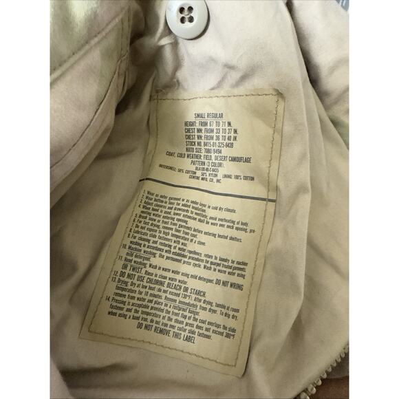 US ARMY‎ Centre MFG. Small Regular Desert Camo Cold Weather Field Coat/Jacket - Picture 7 of 8
